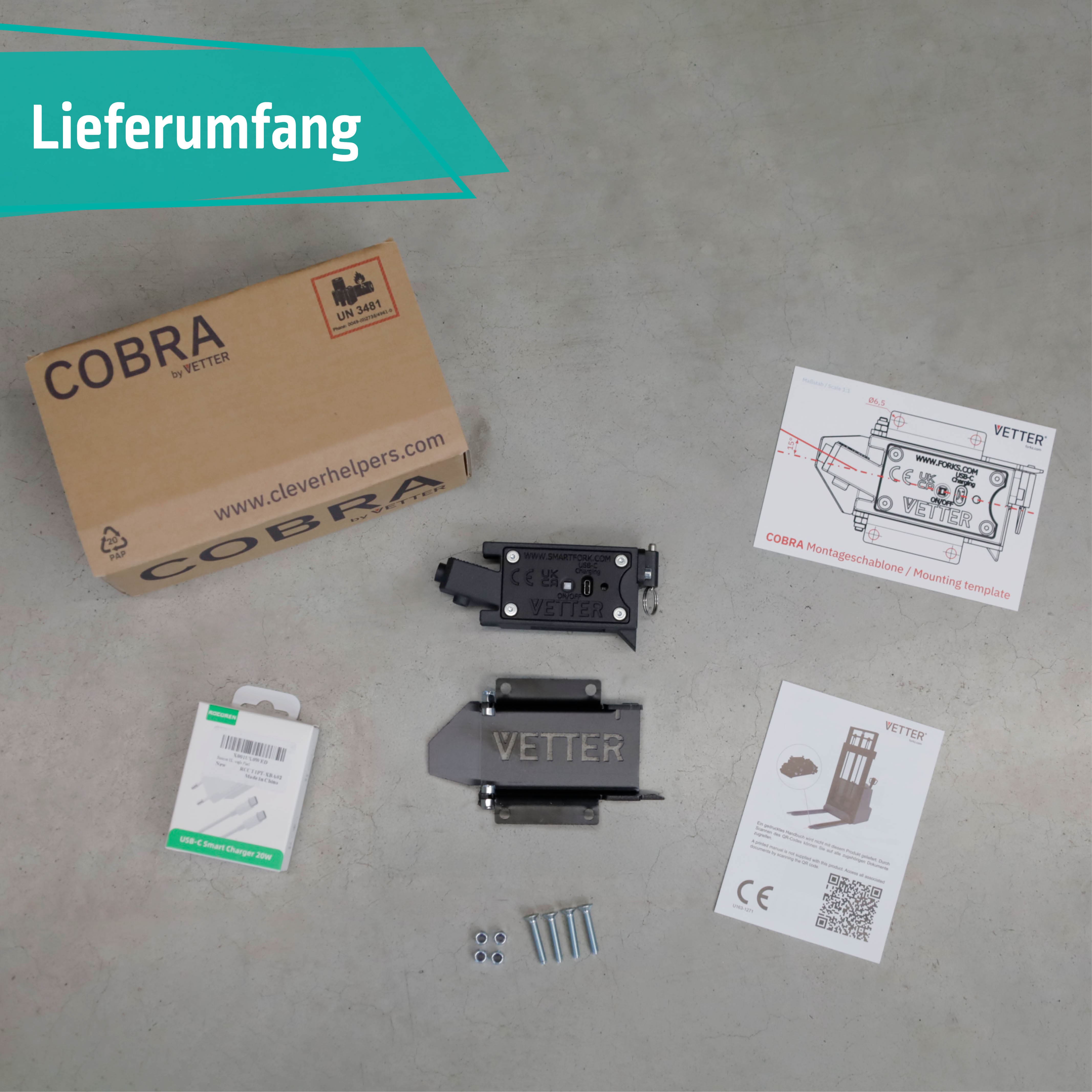 Lieferumfang COBRA mit Laser, Montagezubehör und Betriebsanleitung