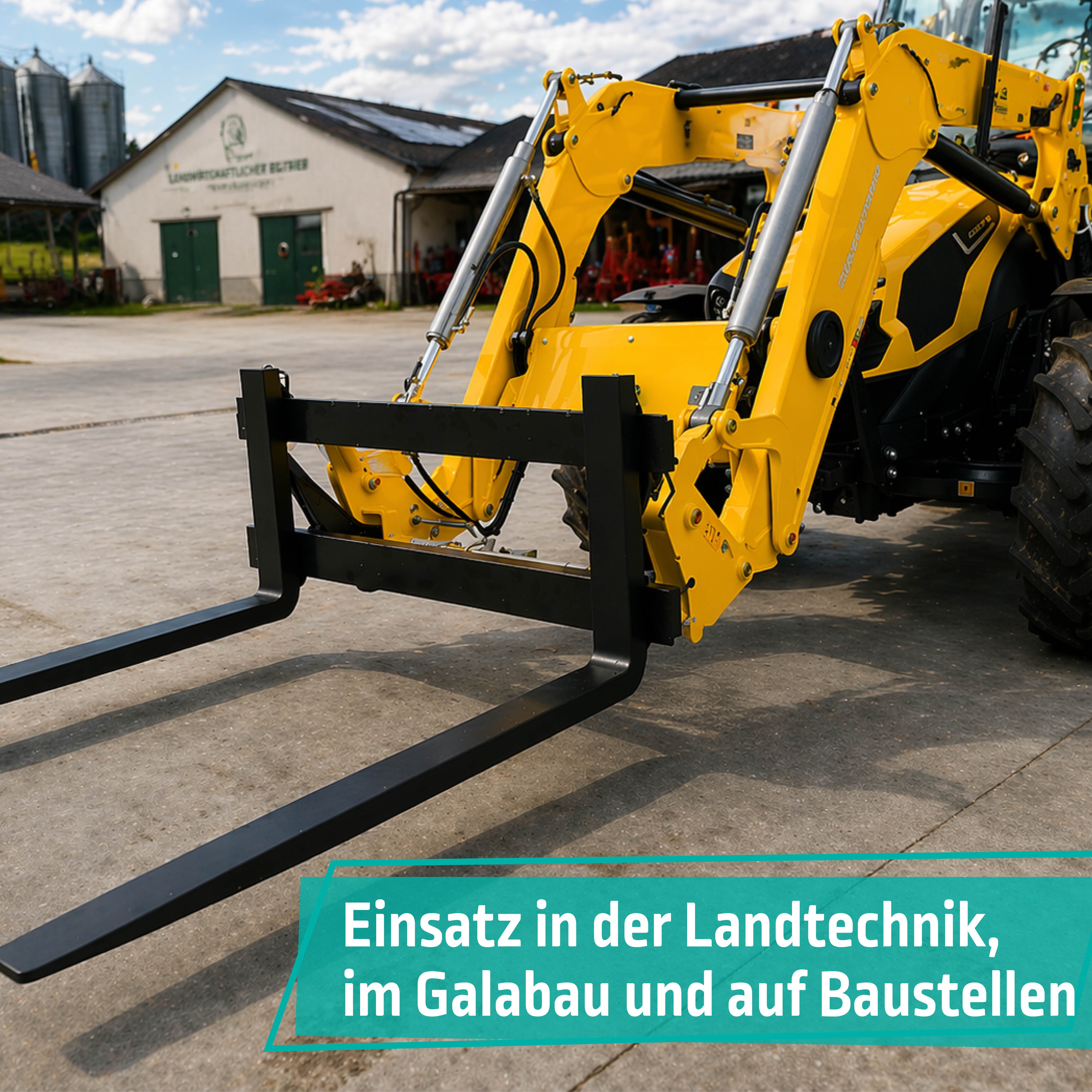 ELI Palettengabel montiert am Traktor mit Frontlader