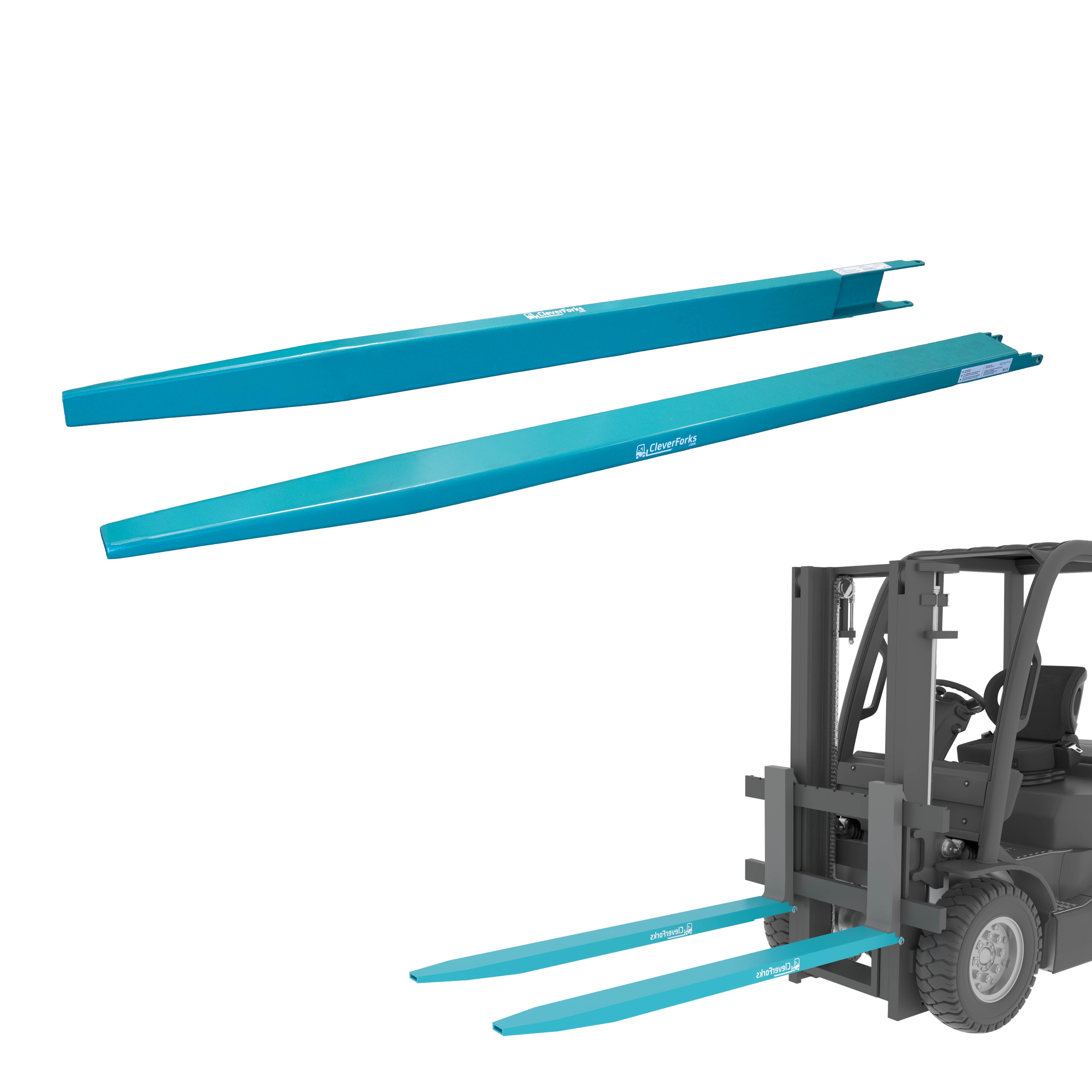 Gabelverlängerung einzeln und Gabelzinken Verlängerung montiert am Stapler