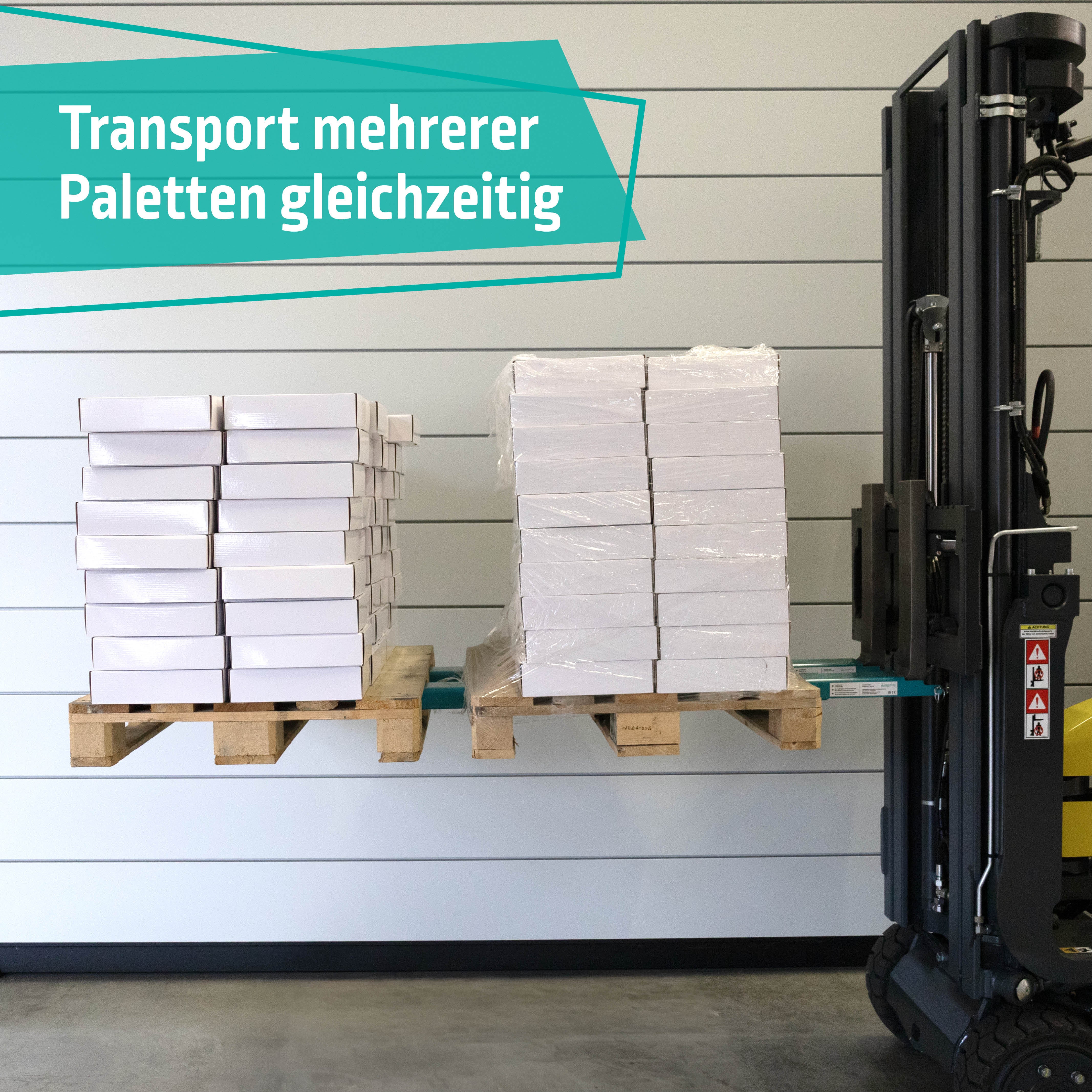 Transport mehrerer Paletten mit Gabelzinken Verlängerungen