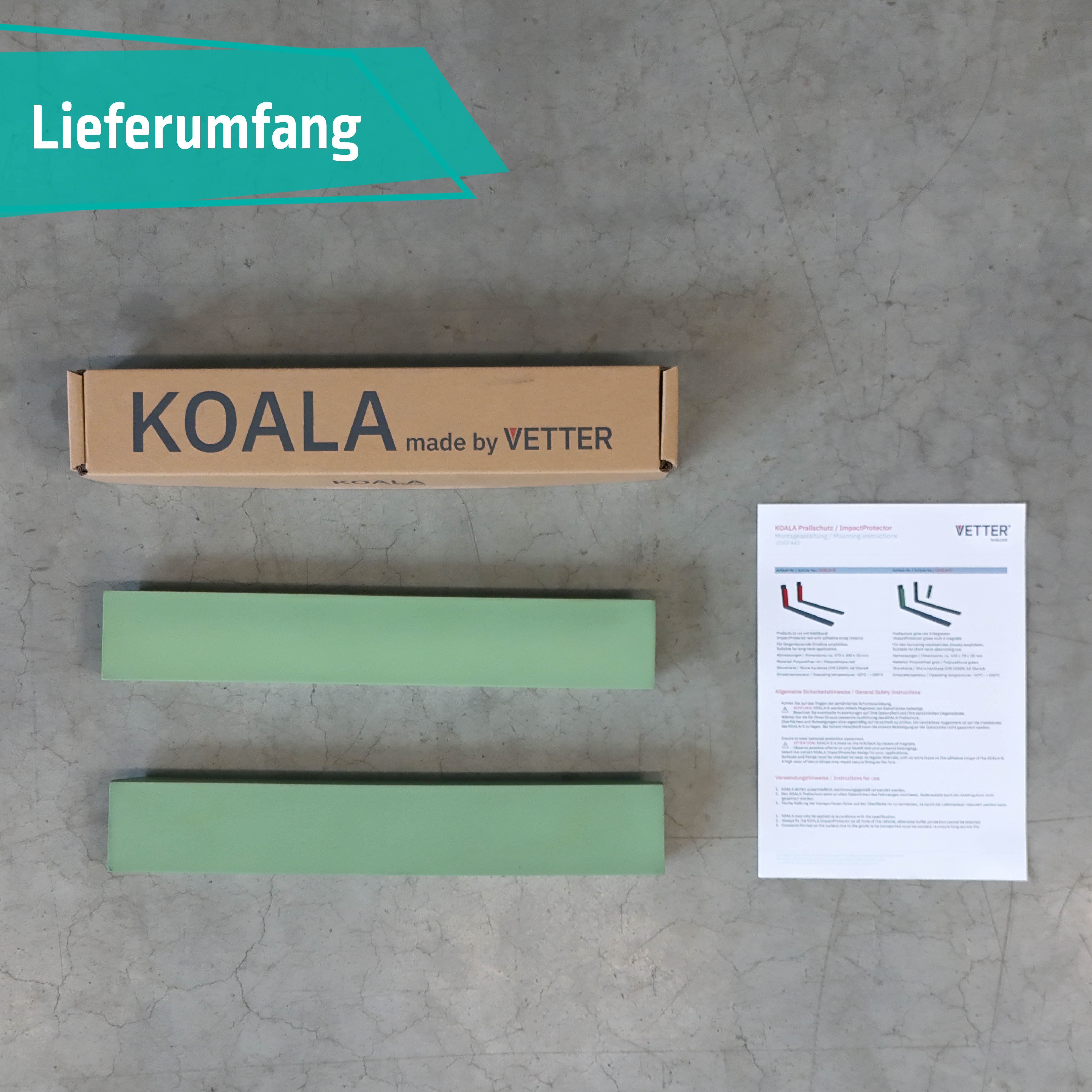 Lieferumfang KOALA grün mit Anfahrschutz und Montageanleitung