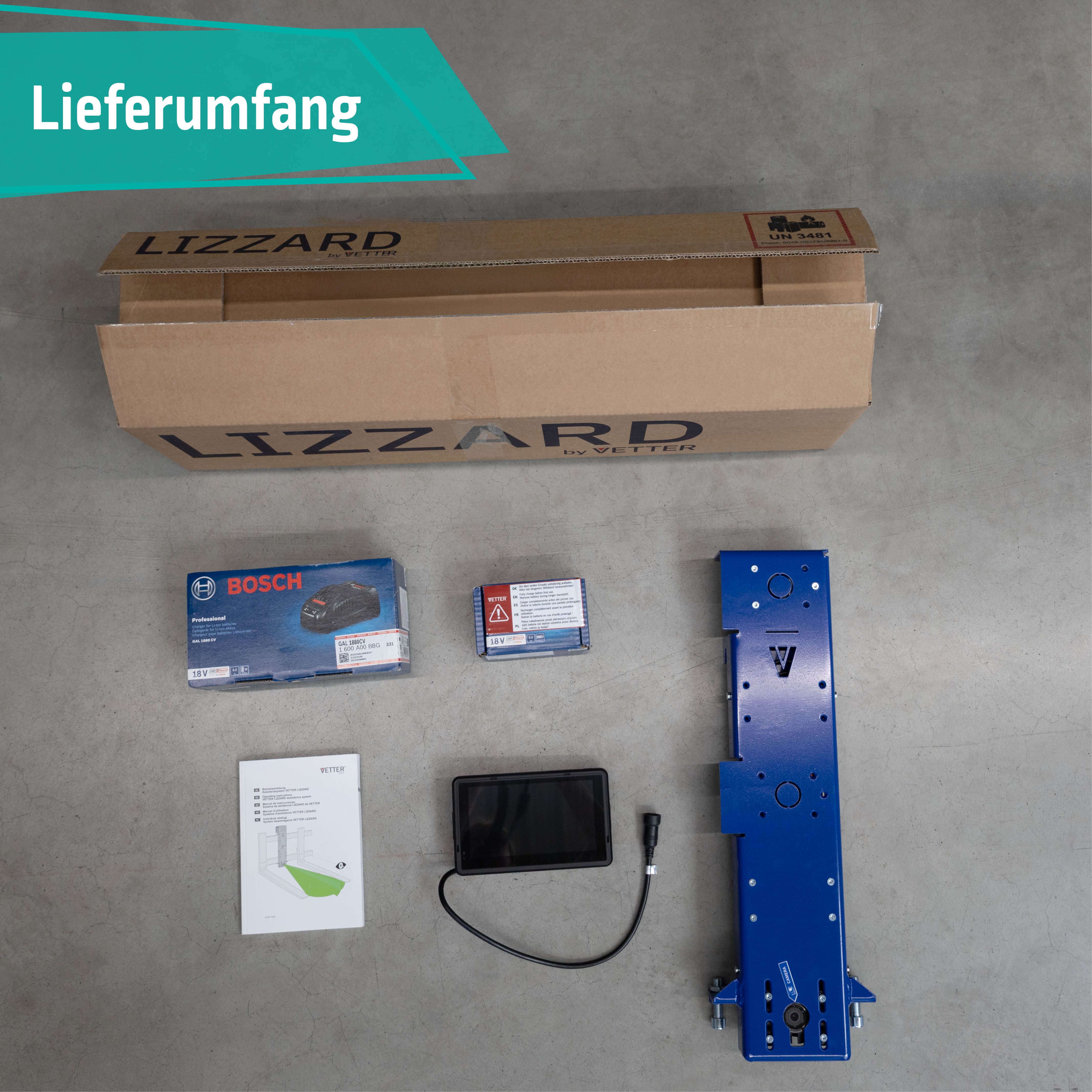 Lieferumfang LIZZARD Cam mit Gabelträger-Kamera, Akku und Montageanleitung