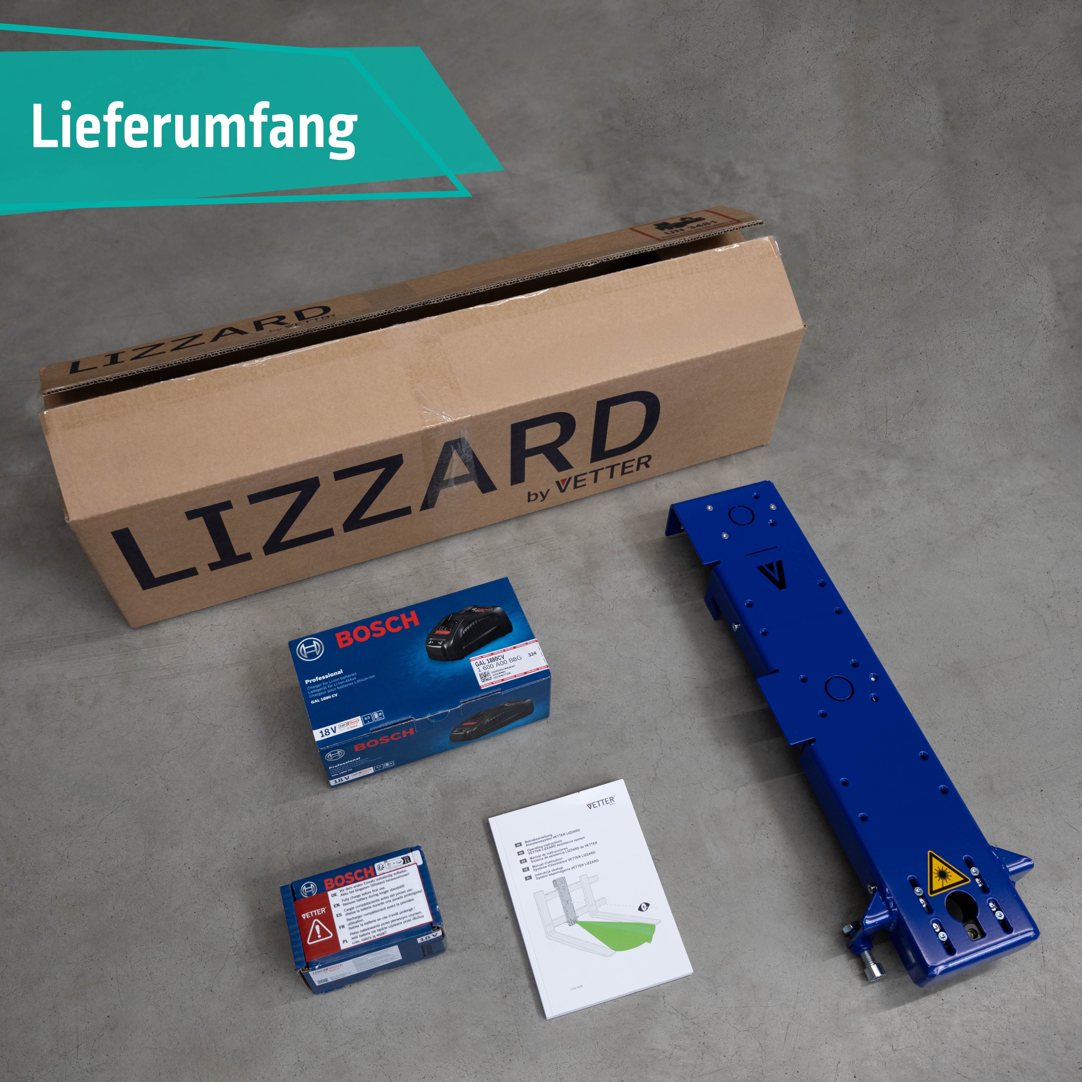 Lieferumfang LIZZARD Target mit Zielhilfe, Akku und Montageanleitung