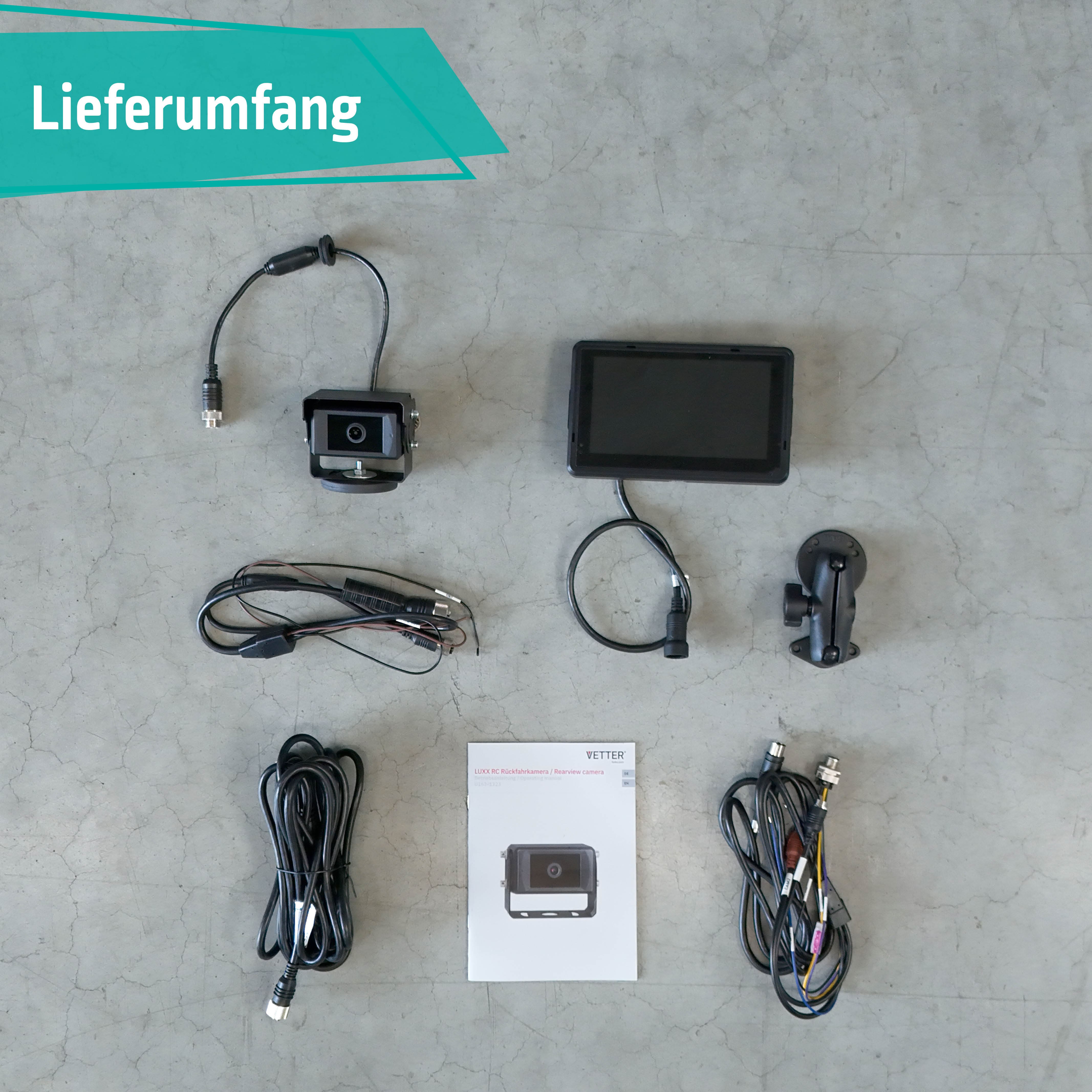 Lieferumfang LUXX RC mit Gabelstapler Kamera, Monitor, Verkabelung und Betriebsanleitung