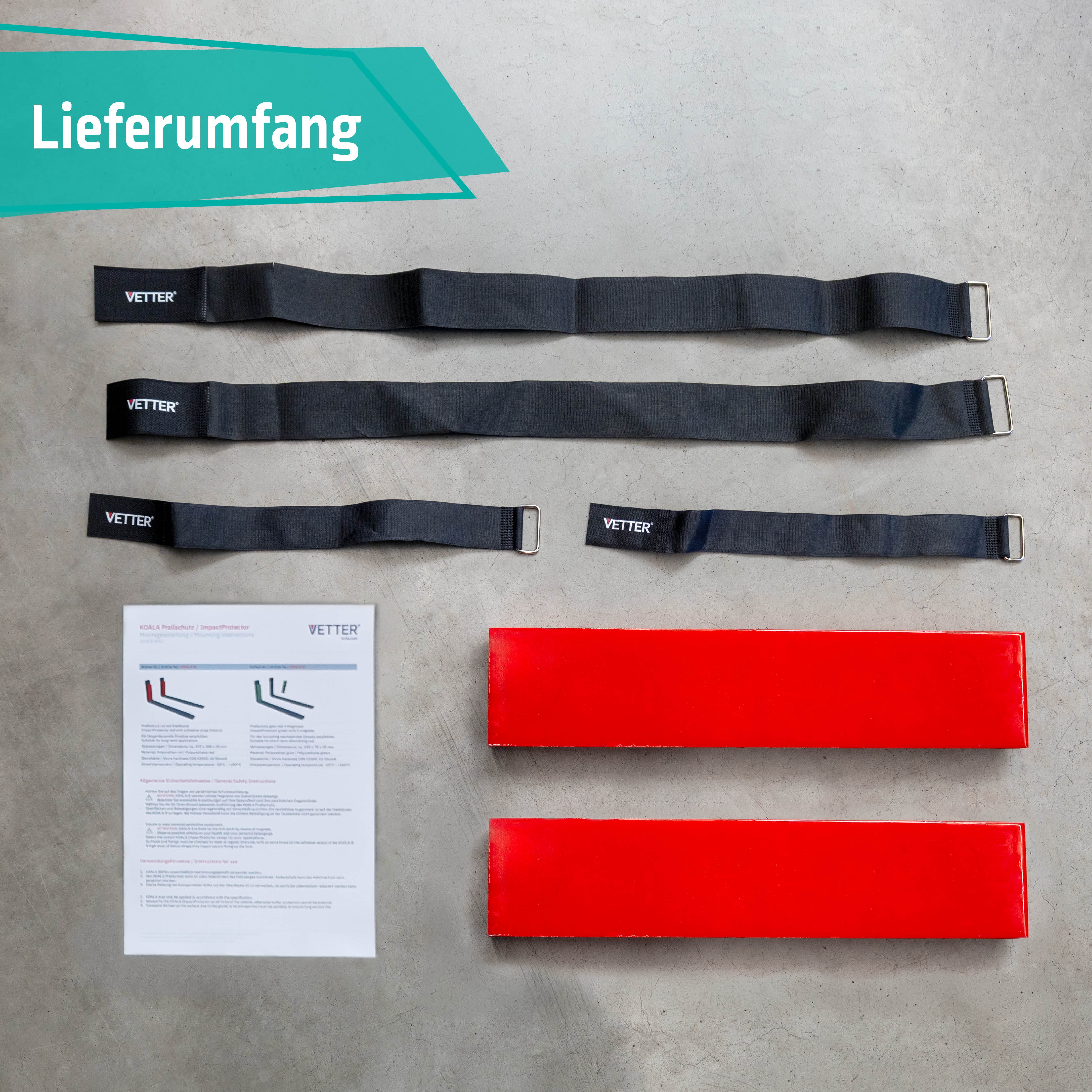 Lieferumfang KOALA mit Anfahrschutz, Klettbändern und Montageanleitung