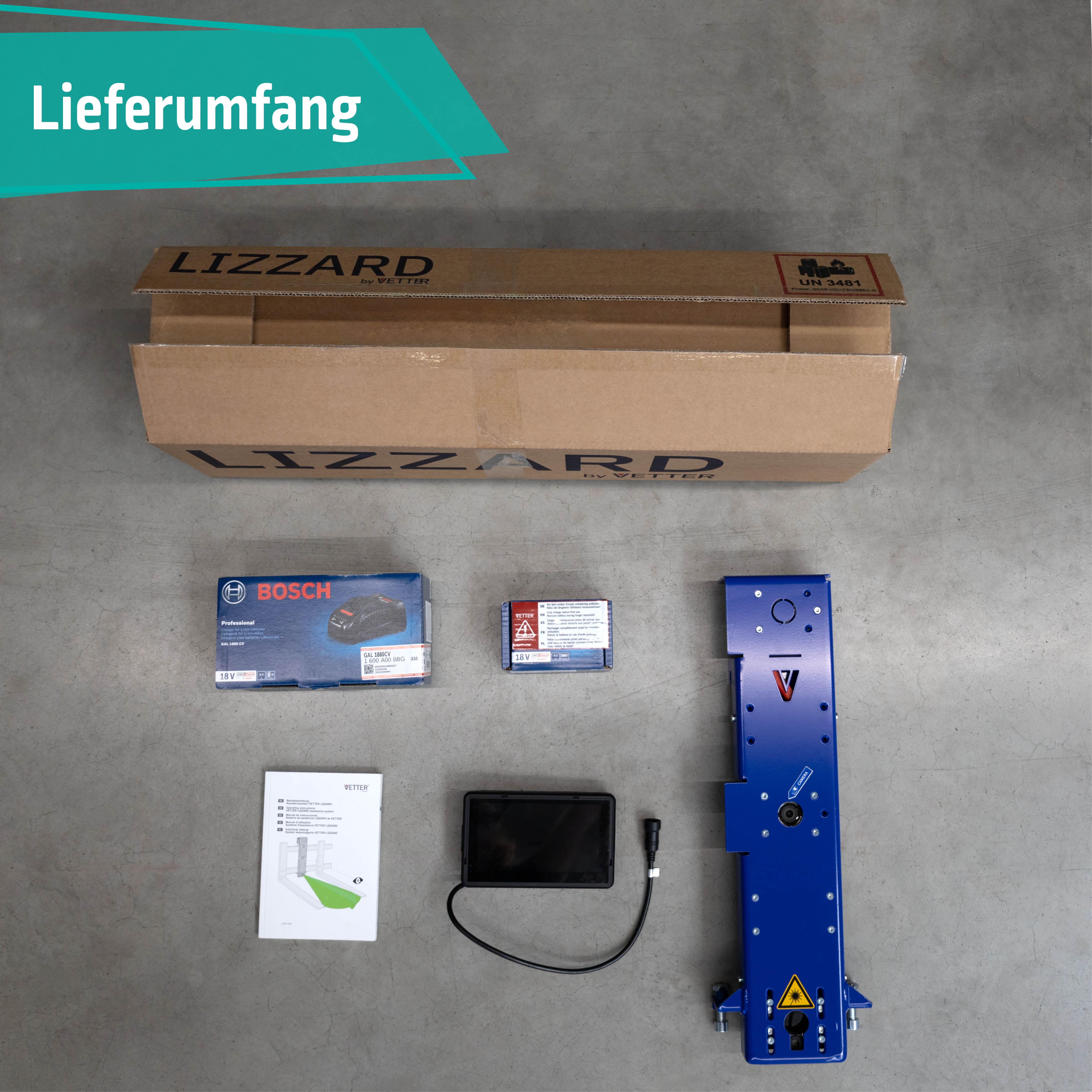 Lieferumfang LIZZARD Premium mit Gabelträger-Kamera, Ziellaser, Akku und Montageanleitung