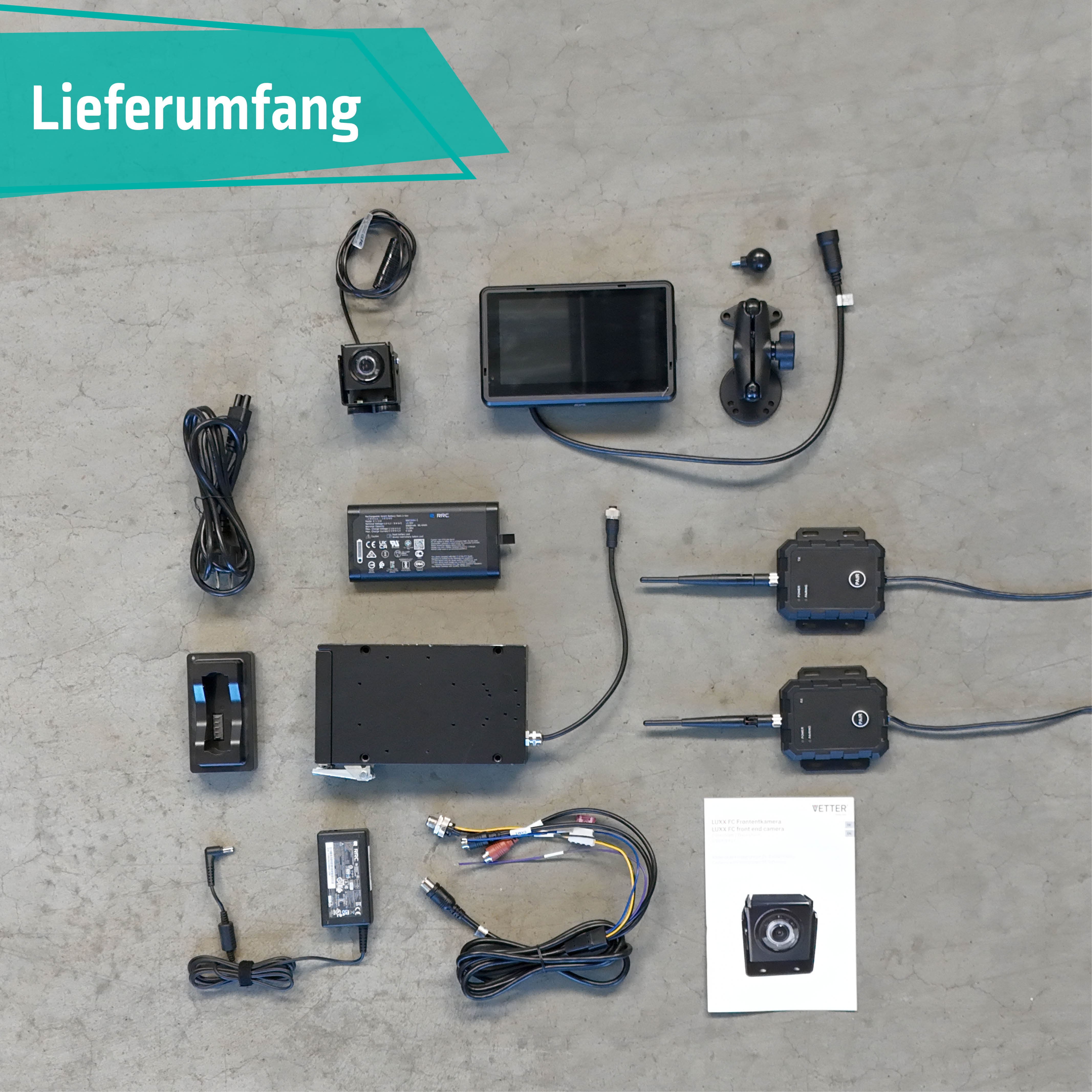 Lieferumfang LUXX FC mit Gabelstapler Kamera, Monitor, Akku, Funkseit und Betriebsanleitung